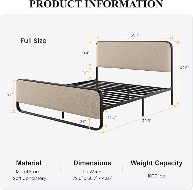 SHA CERLIN Full Size Platform Metal Bed Frame with Curved Upholstered Headboard and Footboard, Large Under Bed Storage, No Box Spring Needed, Modern, Beige