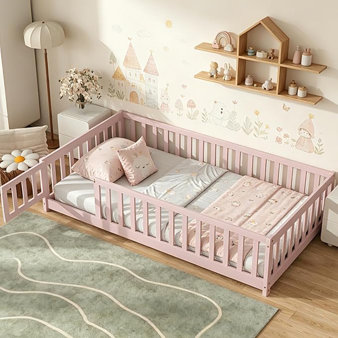 Bellemave Montessori Twin Floor Bed Frame with Fence and Removable Door, Low Profile Twin Size Montessori Bed Frame for Kids, Solid Wooden Floor Beds with Slats for Bedroom,Nursery, Pink