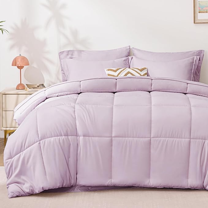 Love's cabin Twin Comforter Set Light Purple, 5 Pieces Twin Bed in a Bag, All Season Bedding Sets with 1 Comforter, 1 Flat Sheet, 1 Fitted Sheet, 1 Pillowcase and 1 Pillow Sham | Soft, Breathable, Lightweight, Comfortable