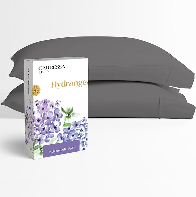 Carressa Linen 100% Egyptian Cotton King Size Pillow Cases Set of 2 - Luxury 600 Series Hydrangeas Collection King Pillowcases (Dark Grey), Soft Cooling, Sateen Weave Hotel Quality Bed Pillow Cover