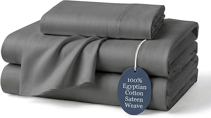 100% Egyptian Cotton Sheets Twin Dark Grey - Luxury Hotel Collection Twin Size Sheet Set, Cooling & Breathable Sateen Weave, Anti Pilling Extra Long Staple Cotton, 16" Deep Pocket - 4Pc