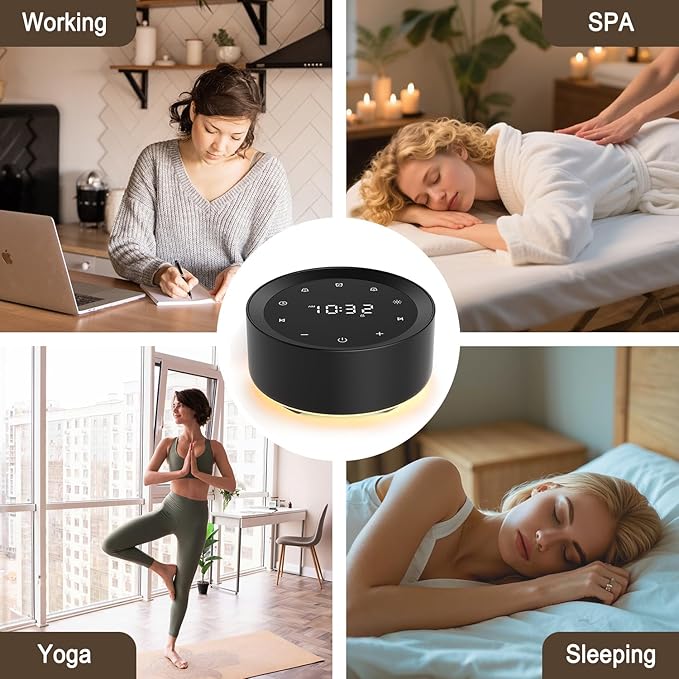 White Noise Machine with Alarm Clock & Night Light for Babies and Adults, 20 Soothing Sounds, Glare-Free Upward Display, Touch Control, Memory Function, 5 Sleep Timers, Black