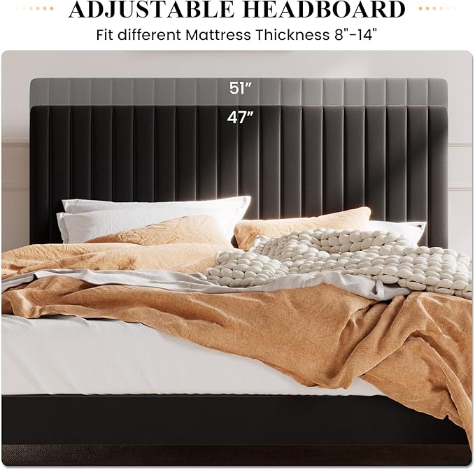 SHA CERLIN Full Upholstered Platform Bed Frame with Adjustable Headboard/Vertical Channel Tufted Velvet Fabric/Wooden Slats Support/Mattress Foundation/Box Spring Optional/Black