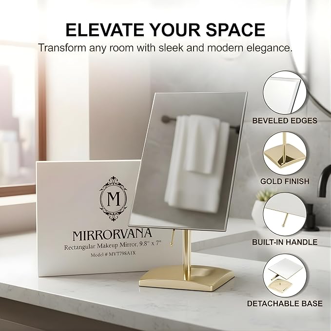 MIRRORVANA Large Free Standing Mirror - Frameless, Gold-Plated, Beveled Design for Desk, Retail Counter, Bathroom and Vanity Dressing Table (9.8" x 7")