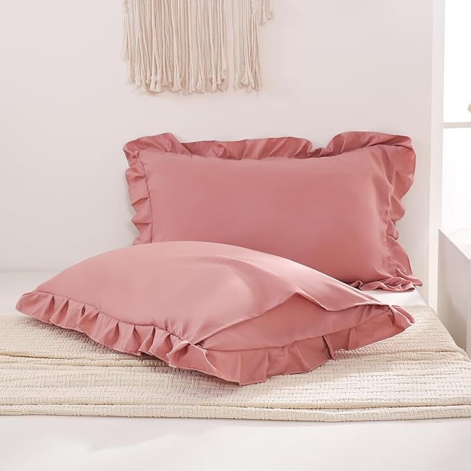 Pink Mocha Pillow Shams Cute Ruffle Queen Pillowcases Solid Pillow Cover Set of 2 Shabby Chic Soft Pink Pillowcases 2 Pack (Queen (20''x30''), Pink Mochae)
