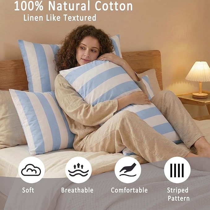 Merryword Standard Size Pillowcases, 100% Cotton Pillow Cases, Blue and White Striped Pillowcases, Soft Breathable Wide Stripe Pillow Covers, Set of 2