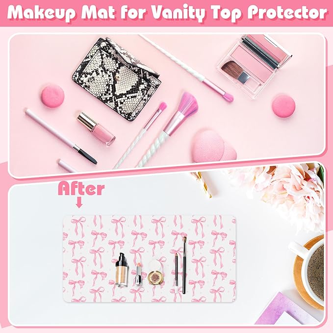 Teenyyou Coquette Bow Makeup Mat for Vanity Top Protector Graduation Gift Dual Side Leather Desk Mouse Pad Girly Waterproof Nonstick Dressing Accessories for Women Home Office(Pink,11.8"x23.6")
