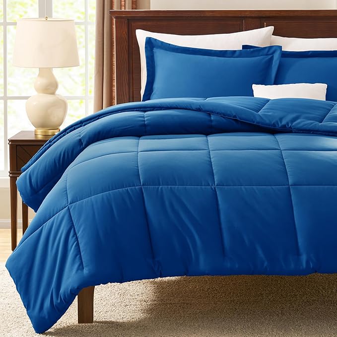 CozyLux Queen Comforter Set - 270GSM Classic Blue Bedding Sets for All Seasons, 3 Pieces Box Stitched Bed Set with 1 Down Alternative Comforter and 2 Pillow Shams, Soft, Lightweight, Breathable