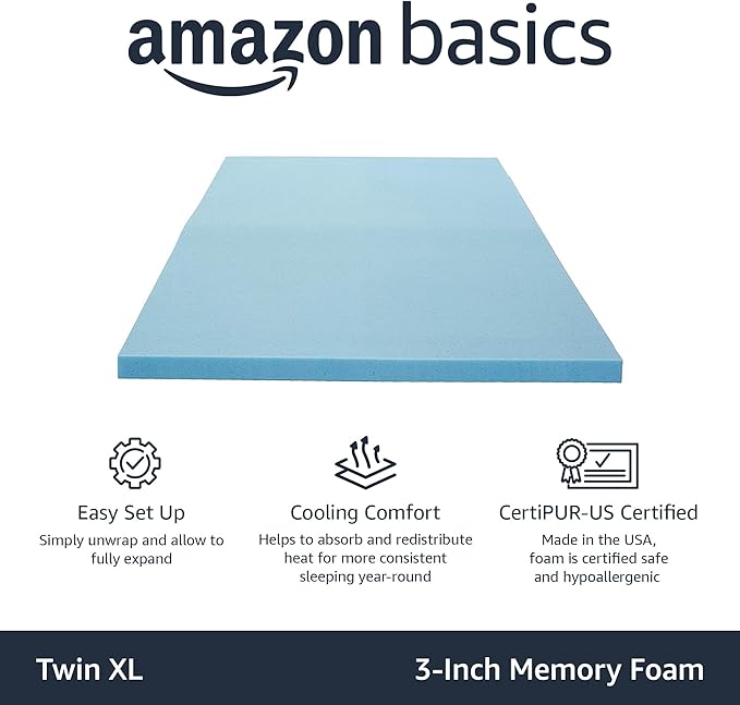 Amazon Basics Twin XL Cooling Gel-Infused Memory Foam Mattress Topper, CertiPUR-US Certified, 3 Inches, Blue