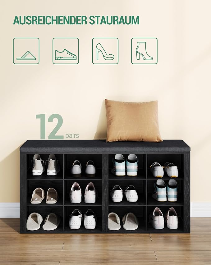 Hzuaneri Shoe Bench with Cushion, Entryway Storage Bench with 12 Cubbies, Cubby Shoe Rack with Adjustable Shelves, Shoe Organizer Cabinet for Living Room, Bedroom, Entryway, Black SB19004GY
