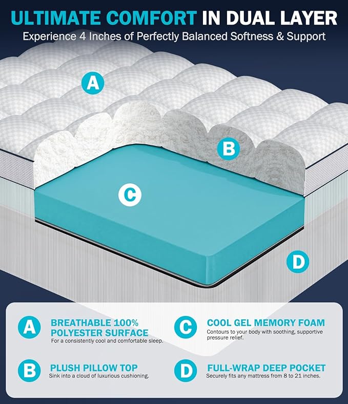 Dual Layer 4 Inch Memory Foam Mattress Topper Twin Size, 2" Cooling Gel Memory Foam & 2" Plush Pillow Top CertiPUR-US Mattress Pad Cover Medium Support for Pressure Relief, Deep Pocket, White