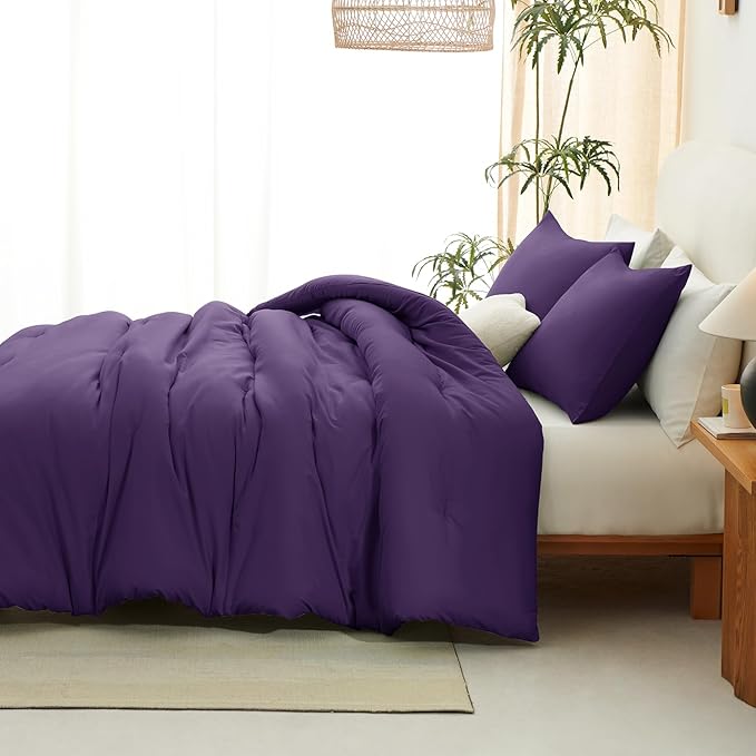 CozyLux King Size Comforter Set Purple, 3 Pieces Solid Comforters King Size Breathable Quilted Bedding Set, Luxury Soft Lightweight Bed Set with Down Alternative Comforter and 2 Pillowcases All Season