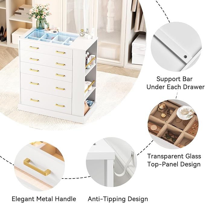 Closet Island with Open Shelves, Modern Glass Top Dresser with LED Lights, Tall Chest of Drawers with Jewelry Organizer for Bedroom,Living Room, Bedroom, Hallway, Entryway, White