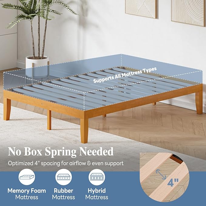 DUMOS 14 Inches Full Size Wood Platform Bed Frame, Solid Wooden Mattress Foundation with Heavy Duty Wood Slat Support, Sturdy, No Box Spring Needed, Natural Pine