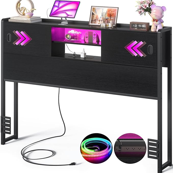 Homieasy Full Storage Headboard with Sliding Doors, Bookcase Headboard with Charging Station & Smart LED Light, Headboard Only for Full Bed, Wood Headboards with Bookshelf
