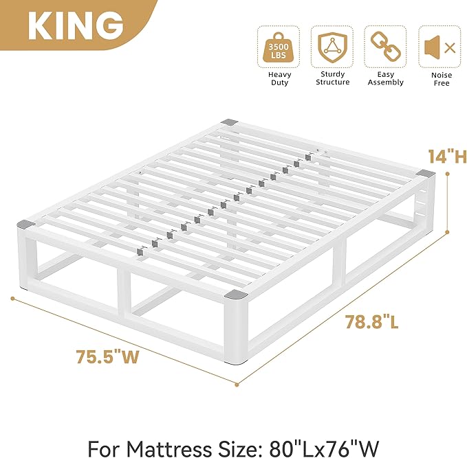 14 Inch King Size Bed Frame with Rounded Corner and Headboard Hole, Metal Platform Bed Frames 6 Non-Slip Guards, 3500lbs Heavy Duty Steel Slat Support, Squeak Free, No Box Spring Needed, White