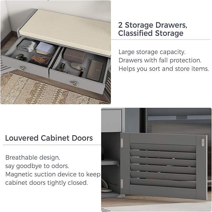 WARMHONIU Shoe Storage Bench with 2 Drawers, Entryway Bench with Cushion, Adjustable Shelves, Shoe Rack Bench with Louvered Doors for Entryway, Bedroom, Hallway, White