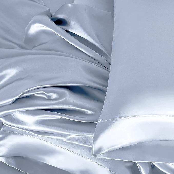 Homiest 4pcs Extra Deep Pocket Queen Size Bed Set, 18-24 Inch Deep Pocket Bed Sheets, Baby Blue Satin Sheet Set, Luxury Fitted Sheet Set Fits Ultra Deep Mattress