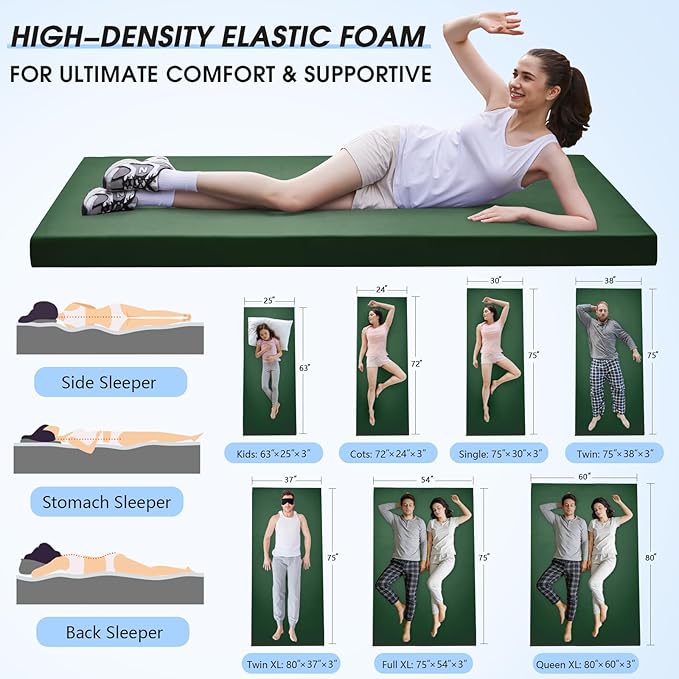 CYMULA Memory Foam Camping Mattress Pad,3inch Sleeping Pad for Camping,Non-Slip Bottom Floor Cot Car Mattress Bed with Retaining Portable Roll up Mattress Pad Mat for Travel Truck Guest Bed Tent