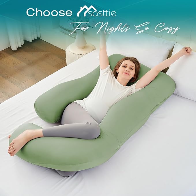 Sasttie Pregnancy Pillows for Sleeping, U Shaped Cooling Full Body Pillow with Removable Cover, Pregnant Women Must Haves, Maternity Essential, Green