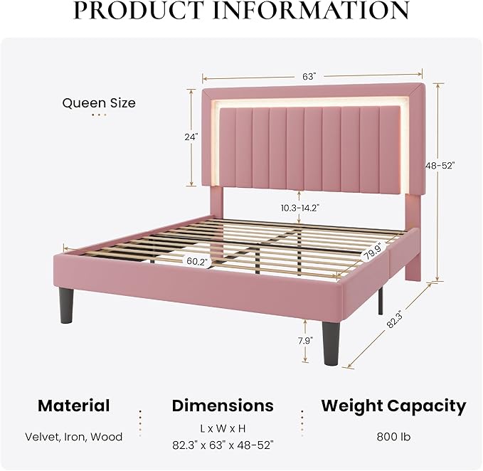 SHA CERLIN Queen Size Velvet Bed Frame with LED Light, Adjustable Vertical Channel Tufted Headboard, Strong Wooden Slats Support, Noise-Free, No Box Spring Needed, Pink
