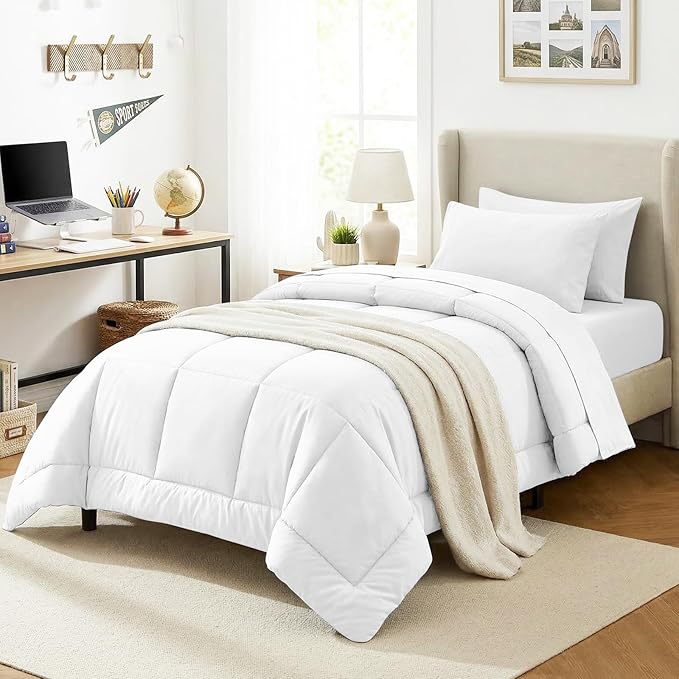 CozyLux Twin Comforter Set with Sheets White, 5 Pieces Bed in a Bag, White Comforter Twin Size, All Season Bedding Set with Stitch Quilted Comforter, Flat Sheet, Fitted Sheet, Pillowcases