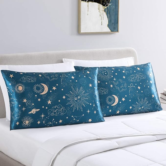 EXQ Home Silky Satin Pillowcase for Hair and Skin,Printed Cooling Pillow Cases Standard Size Set of 2 Satin Pillow Case 2 Pack with Envelope Closure (20x26 inches)