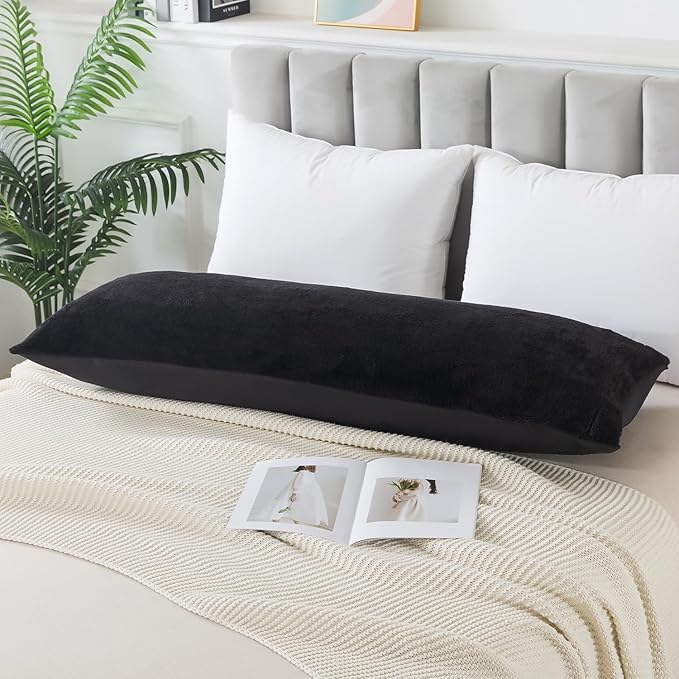 Whatsbedding Sherpa Body Pillow Cover, Ultra Soft Faux Fur Body Pillowcase, Luxury Shaggy Plush Long Pillowcase, Envelope Closure - Black (20x54 inch)