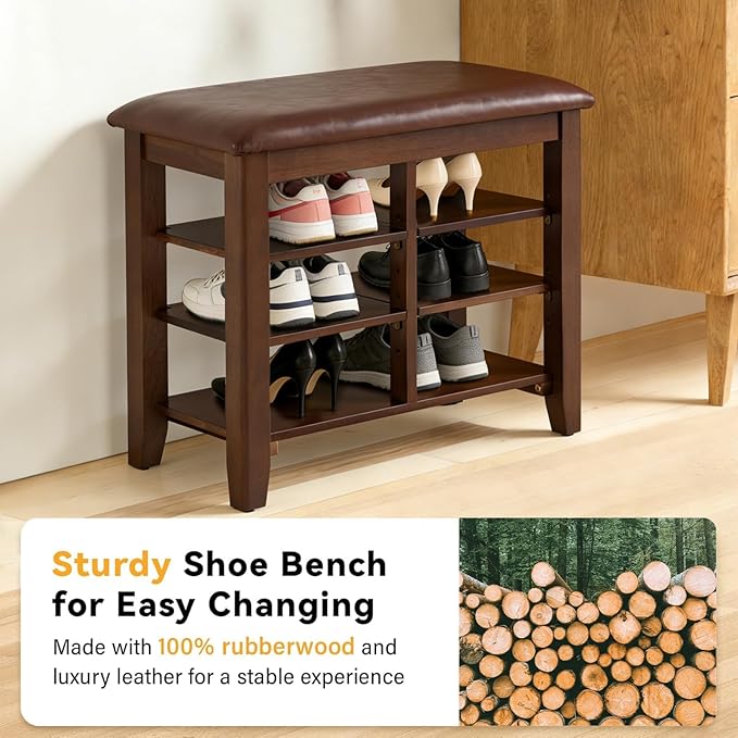 PY HOME & SPORTS Shoe Rack for Entryway 23.6": 3-Tier Shoe Storage Bench, Adjustable/Removable Shelves, Rubberwood Shoe Benches for Hallway, Porch, Bathroom, Brown