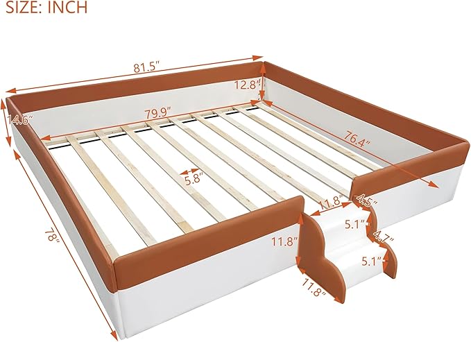 Merax King Size Kids Floor Bed, Daybed Frame with Fence and Stairs, Upholstered Wood Bed for Living Room, White+Brown