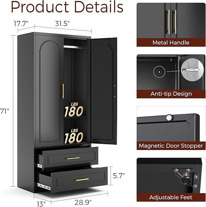 71" Metal Armoire Wardrobe Closet with Doors, Tall Wardrobe Cabinet with 2 Drawers, Hanging Rod and Adjustable Shelves, Black Clothing Storage Cabinets for Bedroom, Home Office