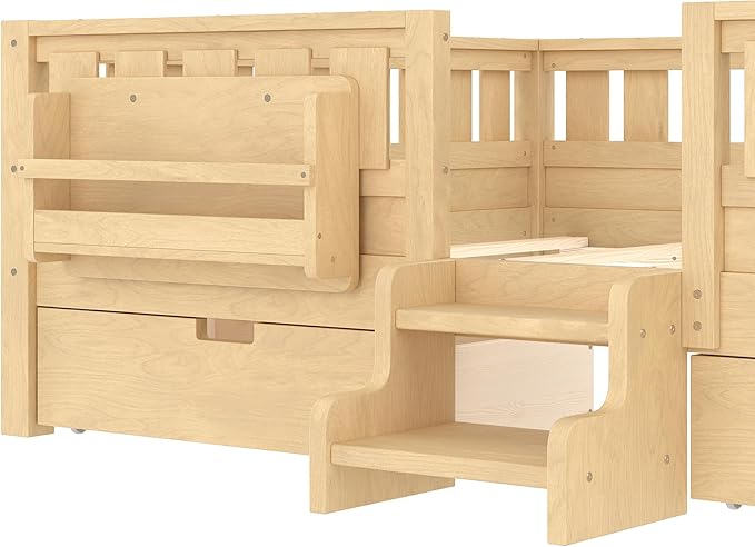 Bellemave Queen Bed with Storage Drawers & Bookshelf, Low Profile Kids Bed Frame with Staircase & Full Length Guardrails, Solid Wood Queen Bed for Kids with Slats Load 550LBS, Easy Assembly, Natural