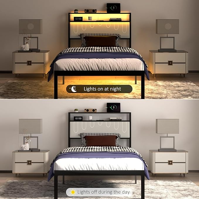 J.Fkne Twin Bed Frames with LED Lights & Charging Station, Metal Platform Frame with Upholstered Headboard, No Box Spring Needed, Noise Free, Easy Assembly