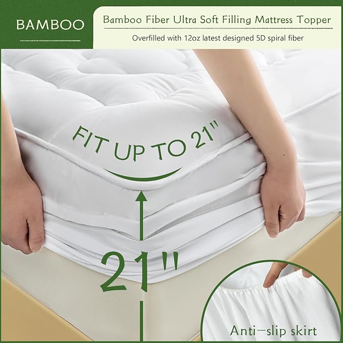 GRT Mattress Pad Cover Rayon from Bamboo California King Size, Extra Thick Quilted Fitted Mattress Topper with 21 Inches Deep Pocket, Cooling Breathable and Noiseless Mattress Cover