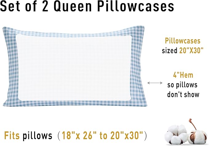 Sunflower Queen Pillowcases Set of 2, 100% Cotton Queen Size Pillow Cases 2, 20×30 inches Glacier Check, Soft and Breathable