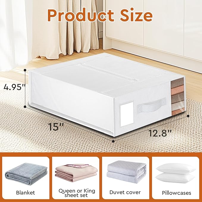 StorageTastic 4 Pack Bed Sheet Closet Organizers and Storage,Sturdy Foldable Storage Containers with Window and Label,Storage and Organization for Bedding Sheets,Duvet Covers,Blankets (White)