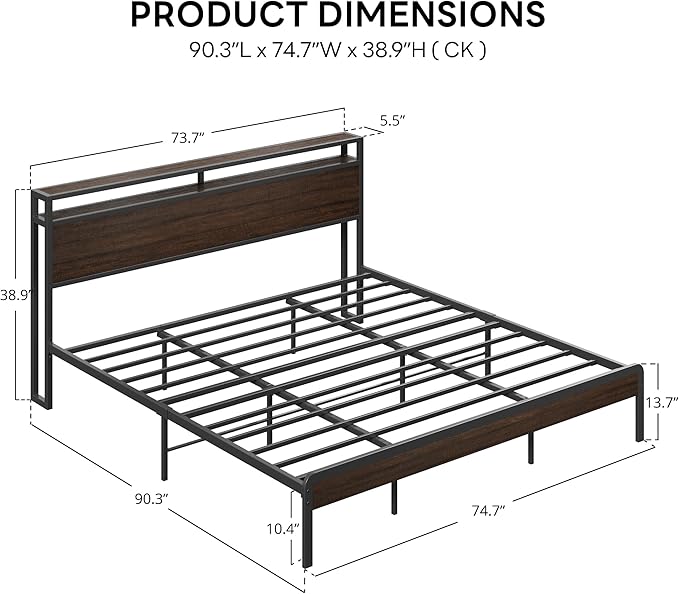 LIKIMIO California King Bed Frame with Headboard, Dark Wood Camas California King with Strong Supports, Sturdy, Noise-Free, No Box Spring Needed, Dark Brown