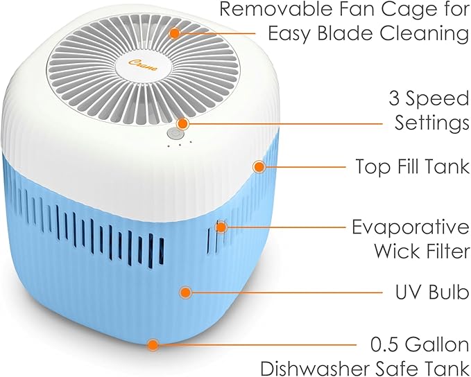 Crane Evaporative Humidifier, Wick Filter, Dishwasher Safe Tank, UV Light, No White Dust, Whisper Quiet, Bedroom Nursery Office, 1.9L Tank, Up To 250 SQ FT