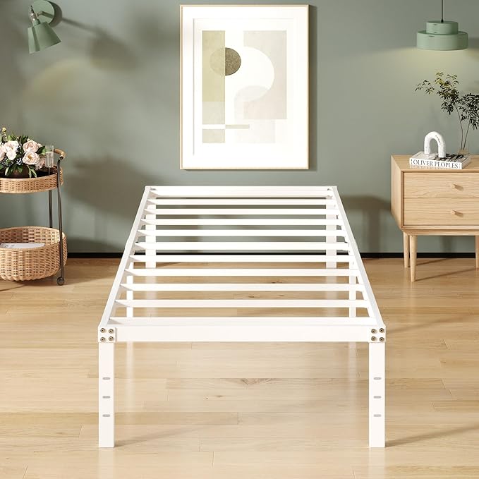 Upcanso 16 Inch White Twin XL Bed Frames, Metal Platform Twin XL Bed Frame with High Storage, Eassy Assembly 2,500 lbs Heavy Duty Bedframes