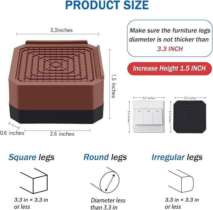 ANNKUT Bed Risers and Furniture Risers, Heavy Duty Adjustable Lifting Blocks for Couches, Desks, and Chairs, Elevates 1.5 Inches, Holds up to 4000 lbs (Brown)
