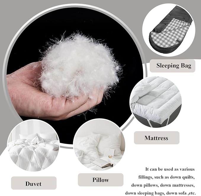 Bulk Goose Down Feather Stuffing & Fill – Hypoallergenic Pillow Filling, Repair, Restuff, Fluff for Couch Cushions, Comforters, Jackets50/50-1/2Lb DIY
