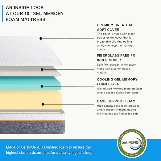 Irvine Home Collection Queen Adjustable Bed Base with 10 Inch Gel Memory Foam Mattress Combo, Massage, Underbed Light, Wireless Remote