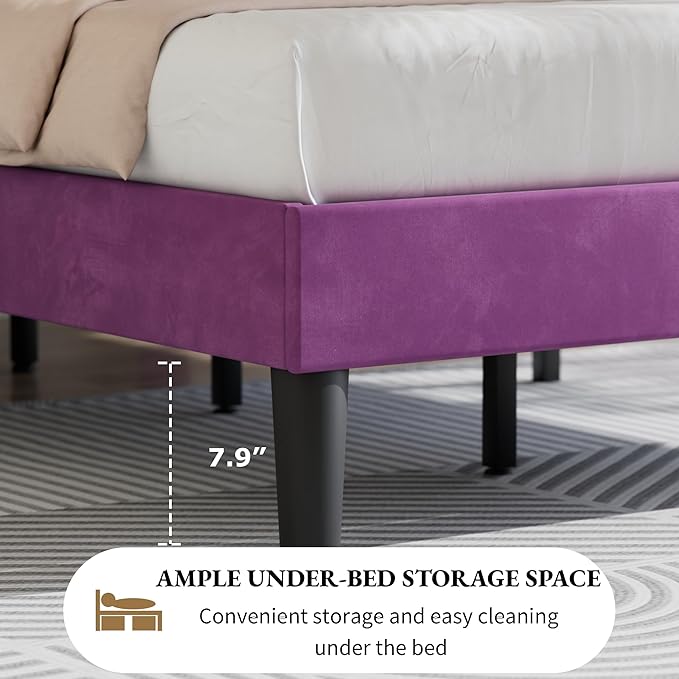 VECELO Twin Size Bed Frame, Upholstered Platform with Adjustable Diamond Tufted Headboard, Wood Slat Support, No Box Spring Needed, Purple