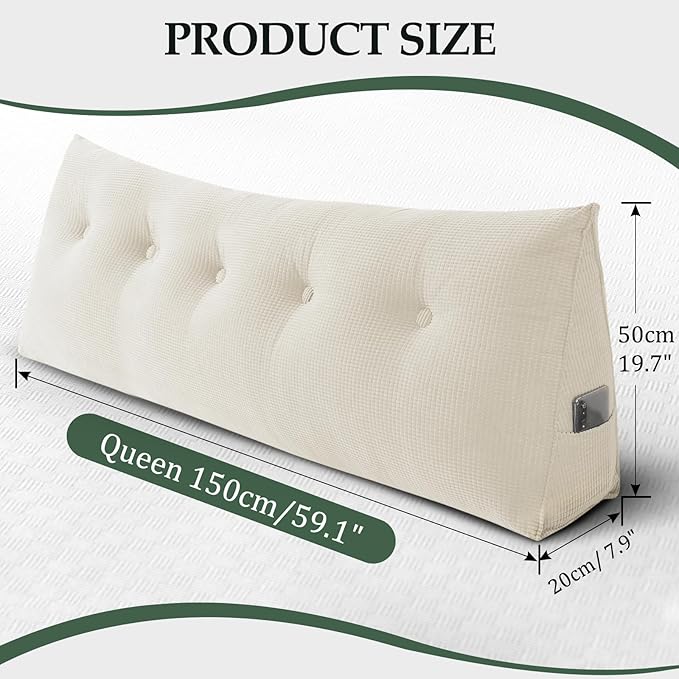 Huatean Home Soft Headboard Pillow Queen Size, Wall Backrest Wedge Pillow Headboard Queen, Reading Backboard Pillows, Large Dorm Daybed Bolster Pillows for Back Support with Removable Cover, Beige
