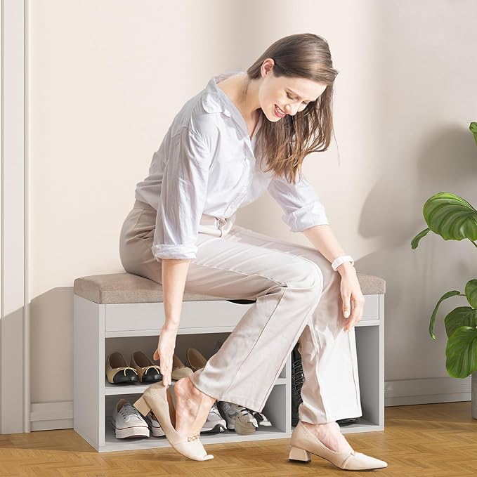 Apicizon 31 Inches Storage Bench with Padded Cushion, Shoe Bench with Storage Space, Upholstered Entryway Bench for Living Room, 2-Tier Shoe Rack Organizer, White
