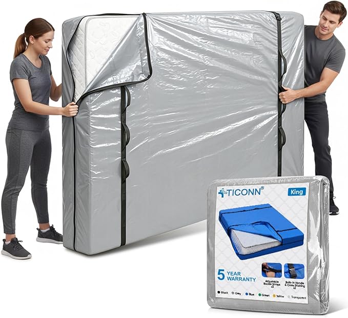 TICONN Mattress Bags for Moving, Heavy Duty King Mattress Cover Storage Bag with Full-Around Handle and Adjustable Buckles (Gray, King)