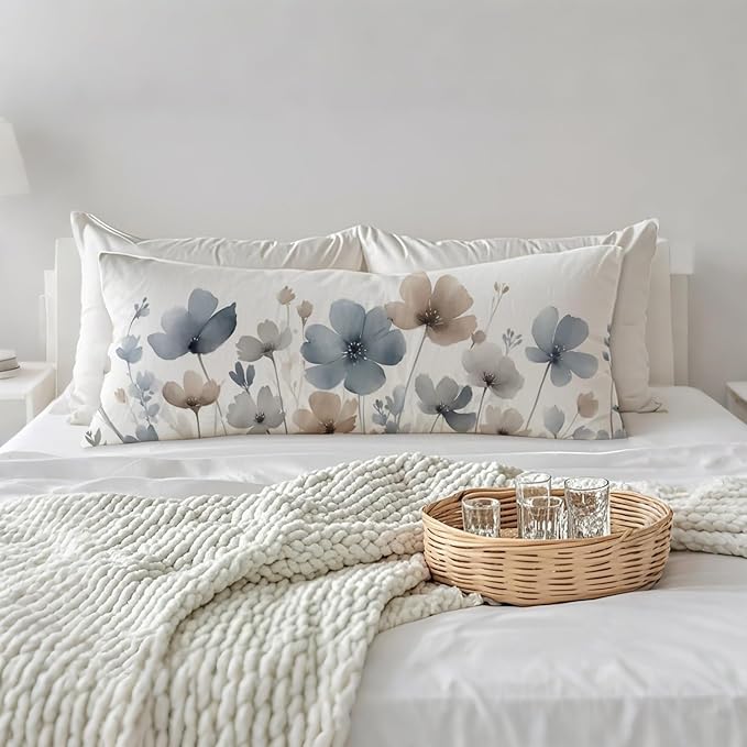 Vintage Watercolor Floral 20x54 Body Pillow Cover, Floral Room Decor, Abstract Blue Gray and White Flowers Botanical Decorative Long Body Pillow Cases for Bed Couch