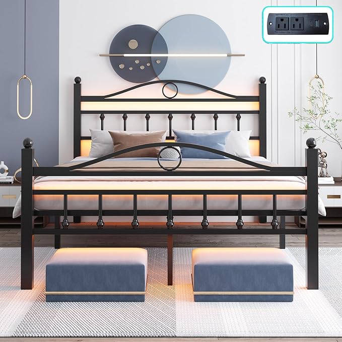 Jenmit Queen Size Bed Frame with Headboard, Metal Platform Bed Frame with Charging Station & LED Lights, Storage Space Under Bed, No Box Spring Needed, Noise Free, Easy Assembly, Black