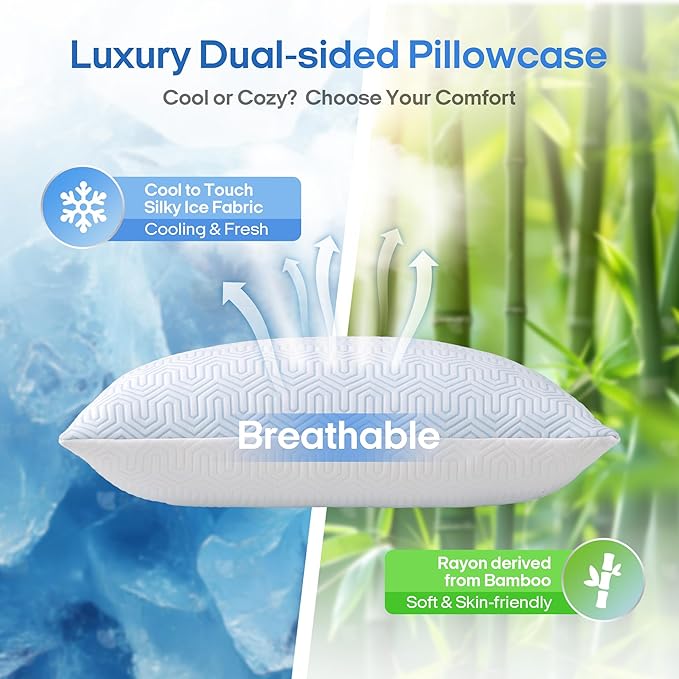 puredown® Cooling Goose Feather Down Pillow, Set of 1, Standard Size Bed Pillow Insert with Soft Cooling Pillowcase for Cool Sleep