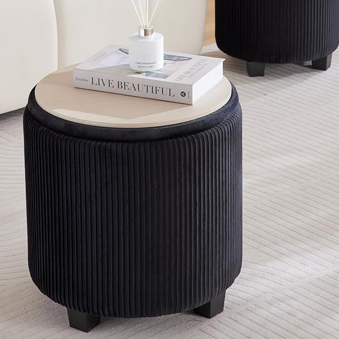 BLEXA Big Round Ottoman with Storage Set of 2-Upholstered Velvet Vanity Stool for Makeup Multifunctional Foot Rest Coffee Table Padded Seat Tufted Ottomans for Living Room&Bedroom (Big Black)